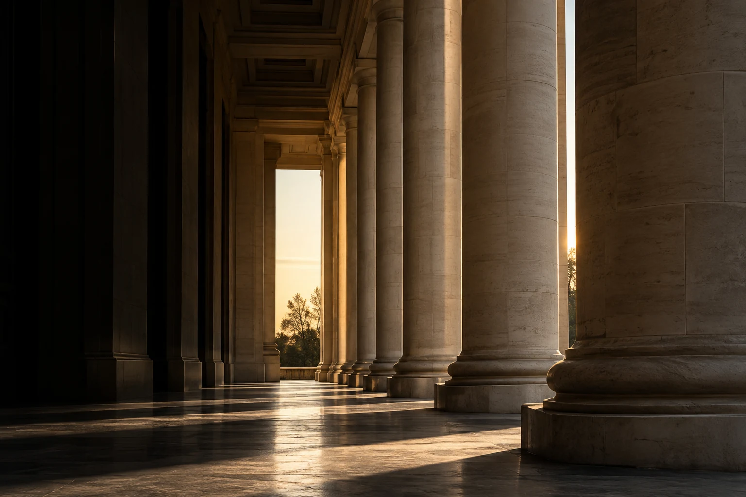 Sunlight falling across a limestone colonnade